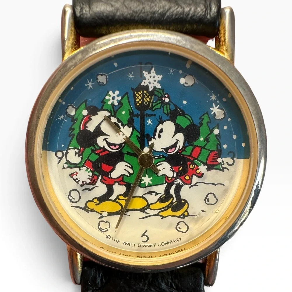 Vintage Disney Valdawn Mickey Minnie Christmas Watch Black Leather Tone